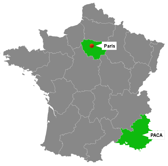 Carte de France représentant l'implantation géographique E-Good : Paris et PACA.